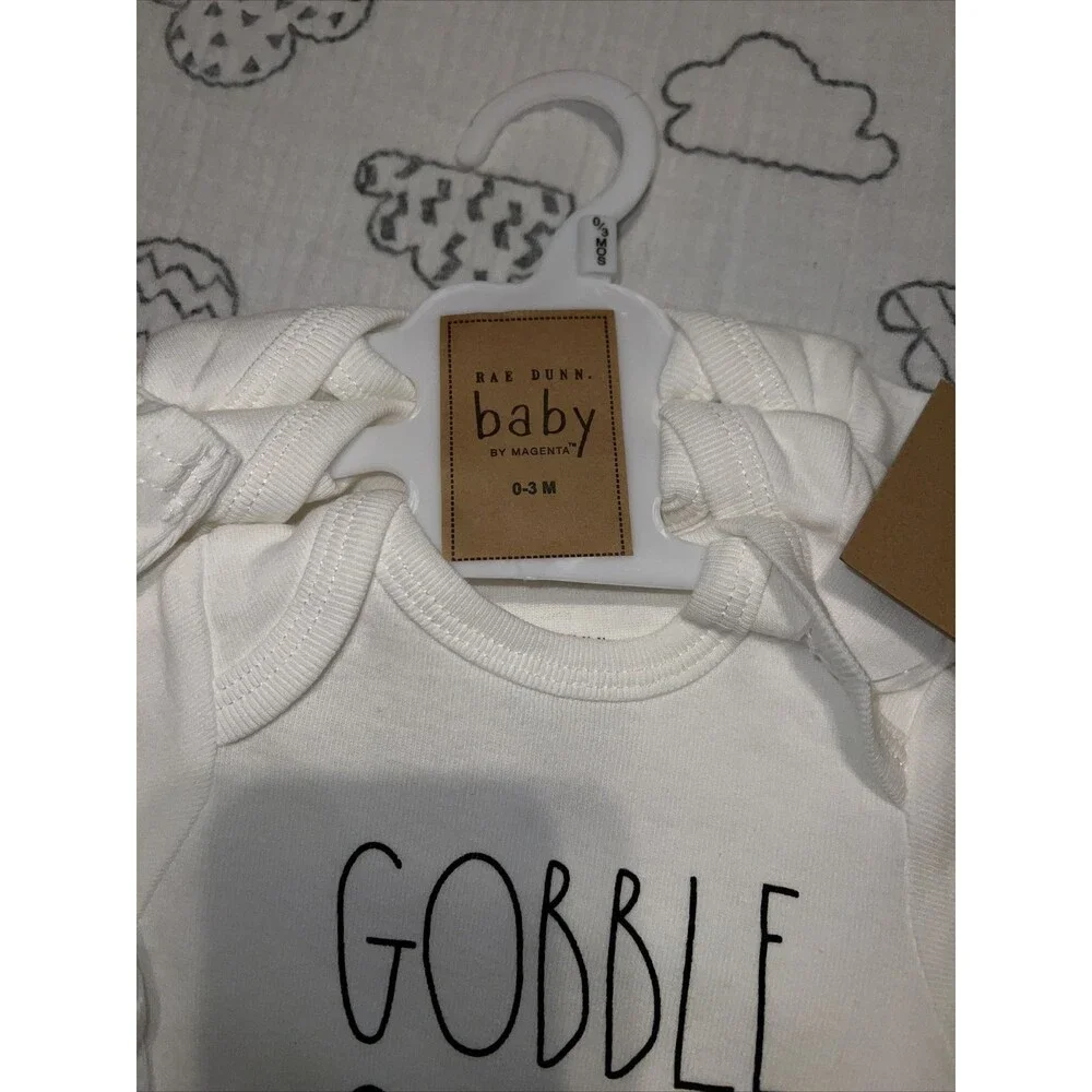 Rae Dunn NWT Baby Clothes 0-3 Months 3 Pack Bodysuits Gobble, Thankful, Blessed.
